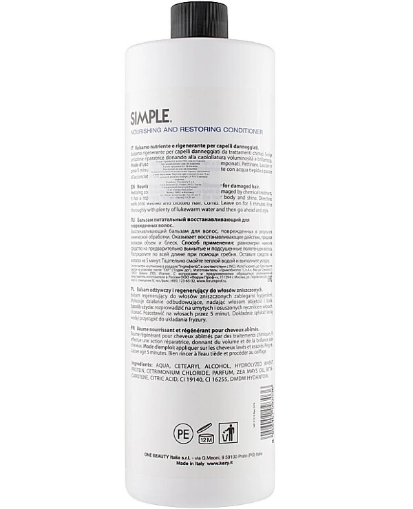 Kezy - Бальзам для питания поврежденных волос Simple Nourishing and Restoring Conditioner 1000 мл back