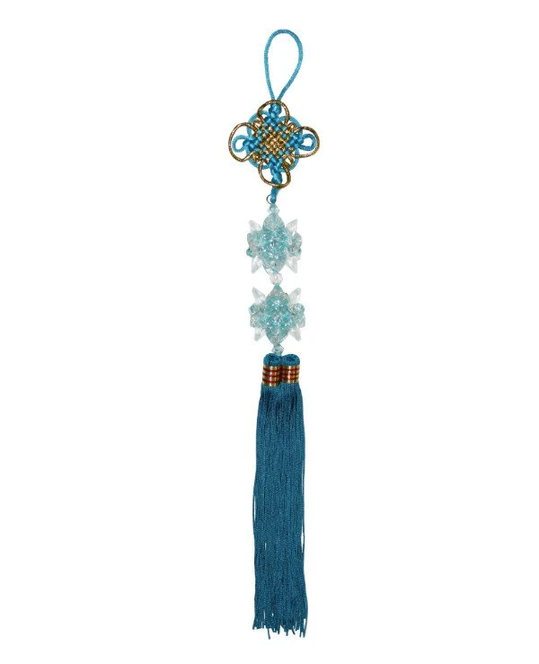 Pendant Feng Shui - a lucky knot with a double brush - light blue with two light blue crystals  Blue back