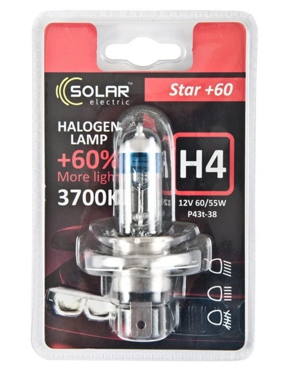Solar - Галогенная лампа H4 12V 60/55W P43t-38 +60% (1234B1) Starlight 