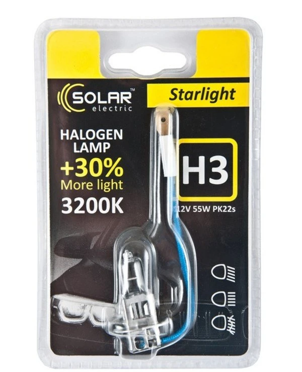 Solar - Галогенная лампа H3 12V 55W PK22s +30% (1203B1) Starlight 